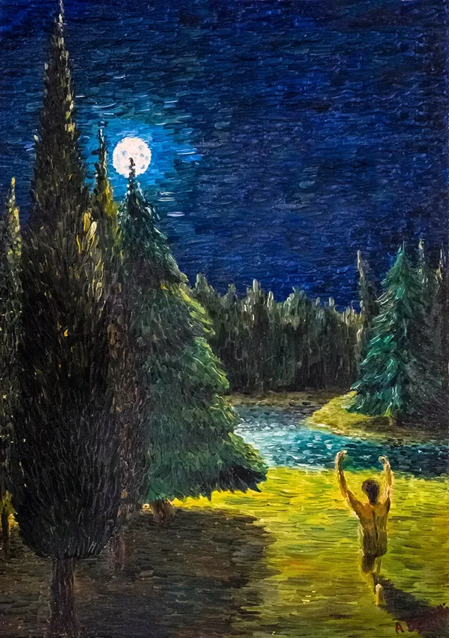 A solitary rite or prayer to the moon in nature