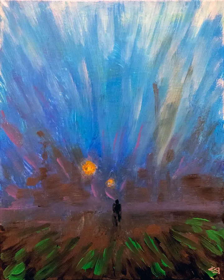 An entity walking inside a misty blue dawn