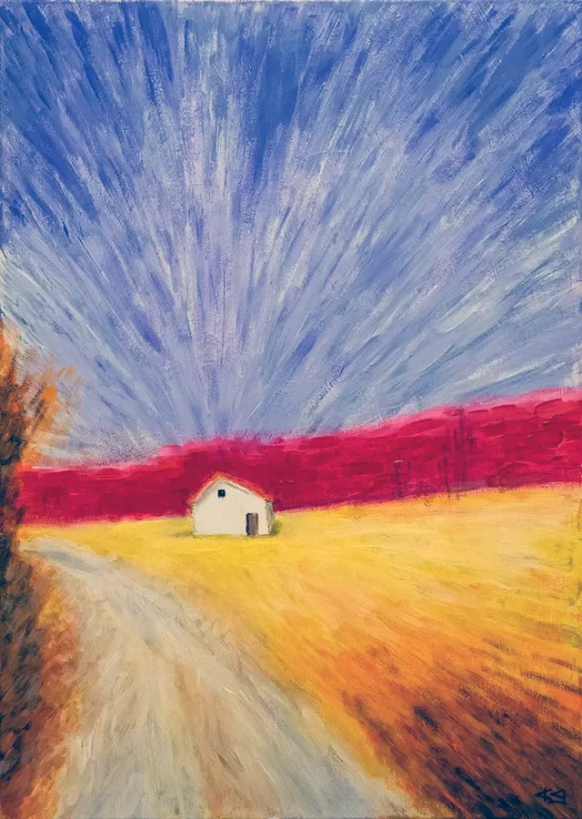 A little white house in plowed wheat field
